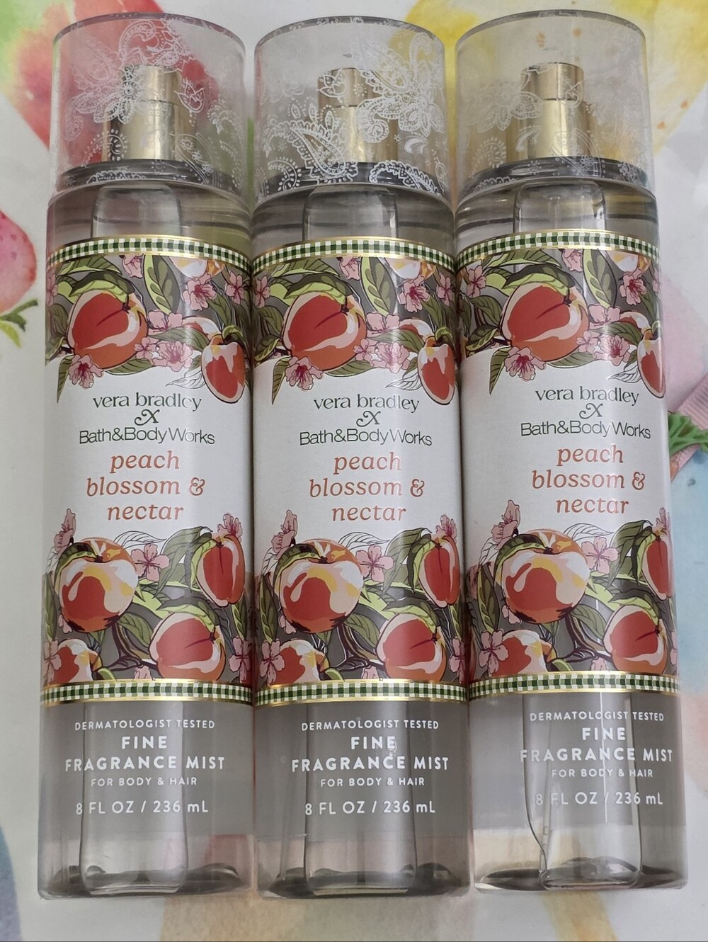 Bath Body Works Vera Bradley Peach Blossom & Nectar Fragrance Mist Set of 3 NEW